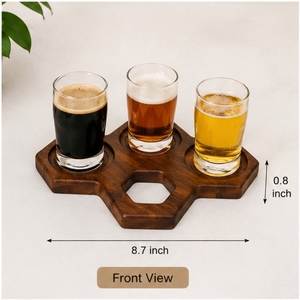Wooden <b>Beer</b> Flight Tray 3 Glass Holder Reusable Minimalist Design Front View 8.7 Inch - Product Image 1