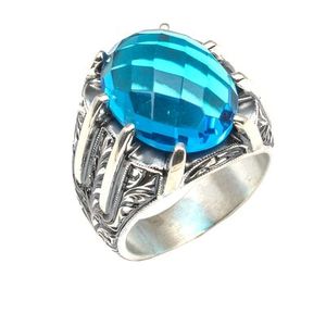 <b>925</b> Sterling <b>Silver</b> Dainty Men's <b>Ring</b> with Faceted Aquamarine Stone Oval Cut Bezel Setting Handcrafted Everyday Wear Jewelry - Product Image 1