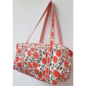 Artistic Floral Orange Cotton Machine Quilted Padded Duffle Bag Weekend Gym Bag-Travel Friendly & <b>Lightweight</b> with Flower Design - Product Image 5