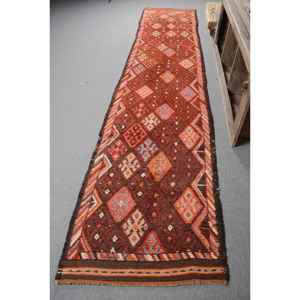 Alfombra Kilim turca Vintage 3,1 X 14.5ft marrón rojo tejido plano lana yute látex respaldo Patchwork patrón pasillo rectángulo 10mm nuevo - Product Image 1
