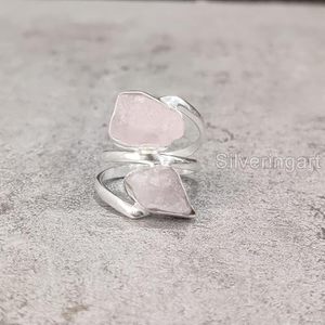 Bague pour femme en argent sterling 925, pierre précieuse en quartz rose naturel, pierre de naissance d'avril, double pierre, bijoux faits à la main pour Noël - Product Image 5