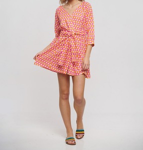 Short V-neck Paisley Bohemian <b>Dress</b> with Half Sleeve & Belt 100% Cotton Woven T-Shirt Style Blouse - Product Image 1