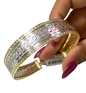 Ladies 10 Karat <b>Gold</b> 17mm Solid Greek Style Cuff <b>Bracelet</b> Real 10K Yellow and <b>White</b> <b>Gold</b> with CZ Fashionable <b>Bangles</b> - Product Image 1
