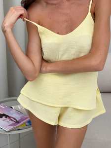 Women's <b>Sexy</b> European Style Sleeveless Cotton Vest and Shorts Pajama <b>Set</b> V-Neck Adult Sleepwear - Product Image 4