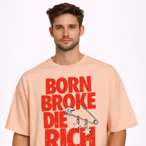 Camiseta de Algodón Casual de Manga Corta con Cuello Redondo y Estampado de Durazno Extra Grande para Hombre, Estilo Urbano Holgado, Born Broke Die Rich - Product Image 3