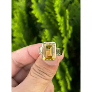 925 <b>Silver</b> Emerald Cut Citrine Cluster <b>Ring</b> Radiant Cut Ruby Everyday Wear <b>Statement</b> <b>Ring</b> Rhodium Plated - Product Image 1