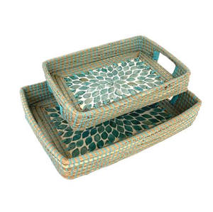 Plateau d'incrustation de perle en rotin, plateau de service décoratif Rectangle bacs de rangement en rotin pour l'affichage des fruits alimentaires - Product Image 2