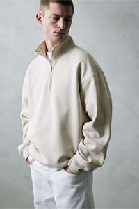 Sweat-shirt zippé coupe ample coton et polyester fade beige clair à manches longues col montant T-shirts à épaules tombantes pour homme - Product Image 5