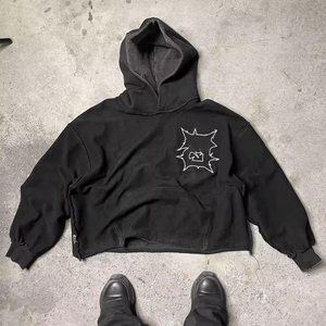 Logo personnalisé délavé à l'acide vintage coton vieilli brodé Patchwork recadrée pull sans ficelles hommes couper et coudre des sweats à capuche - Product Image 4