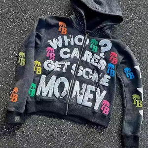 เสื้อฮู้ดซิปสำหรับผู้ชายเสื้อซักด้วยกรดแนววินเทจพิมพ์ลาย3D พัฟ2025ดี - Product Image 3