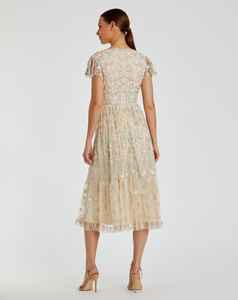 ชุดเดรสแขนยาวคอวีแขนยาวสำหรับผู้หญิงชุดเดรสปักลูกปัดสไตล์เรียบง่ายยาวถึงเข่า - Product Image 2