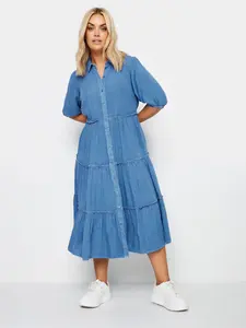 Robe chemise longue en denim pour femmes avec col en V, couverture complète du corps, bouton à volants, vêtements de plage d'été en rayonne bohème - Product Image 5