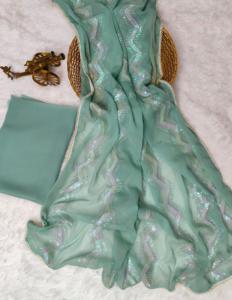 Tela Georgette de gasa pesada con todo el trabajo de secuencia y Sari de borde de encaje de diseñador Pari para mujer - Product Image 3