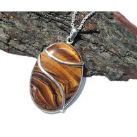 Collier pendentif en argent sterling 925 avec pierre ovale en œil de tigre jaune naturel, bijoux fantaisie en argent