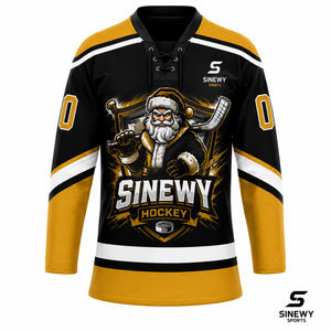SINEWY SPORTS Heren Custom IJshockey Jersey Zwart Goud Santa Design Gesublimeerd Vochtregulerend Volledige Mouw Regular Fit - Product Image 2