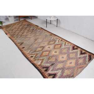 Vintage Turkish <b>Runner</b> <b>Rug</b> 4.6x12.2 ft (139x373 cm), Brown Animal Print Kilim <b>Rug</b> - Product Image 2