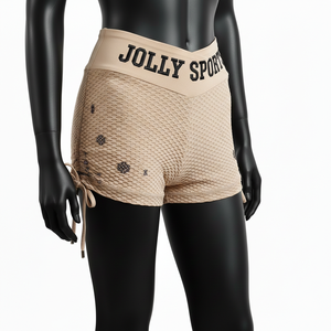 Shorts de sport pour femme, 220 GSM, polyester et élasthanne, maille nid d'abeille beige, taille haute, logo brodé personnalisé. - Product Image 4