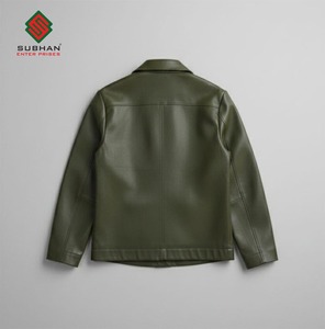 <b>Men's</b> Winter Casual <b>Trucker</b> <b>Jackets</b> Olive Green Synthetic Leather Mandarin Collar Zipper Solid - Product Image 2