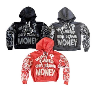 Custom Distressed Hem Rhinestone Pullover Boxy Recortado de gran tamaño Acid Wash Zip up Puff Print Hoodies Hombres - Product Image 1