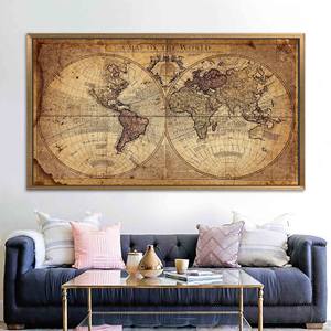 Lienzo impreso con mapa vintage: elegante mapa del mundo antiguo para decoración del hogar, 1 pieza: con marco dorado - Product Image 1