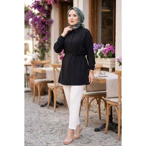Túnica de Mujer con Botones y Cinturón, Formal, de Popelina, Lino, Viscosa y Algodón, Talla XL Disponible en Negro para Fiestas - Product Image 1