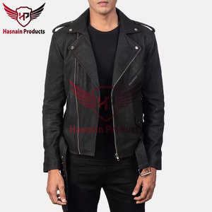 Veste en cuir véritable noir pour homme, style motard, avec fermeture éclair asymétrique, ceinture à la taille, épaulettes, en peau de mouton, personnalisée, vintage, pour l'hiver - Product Image 4