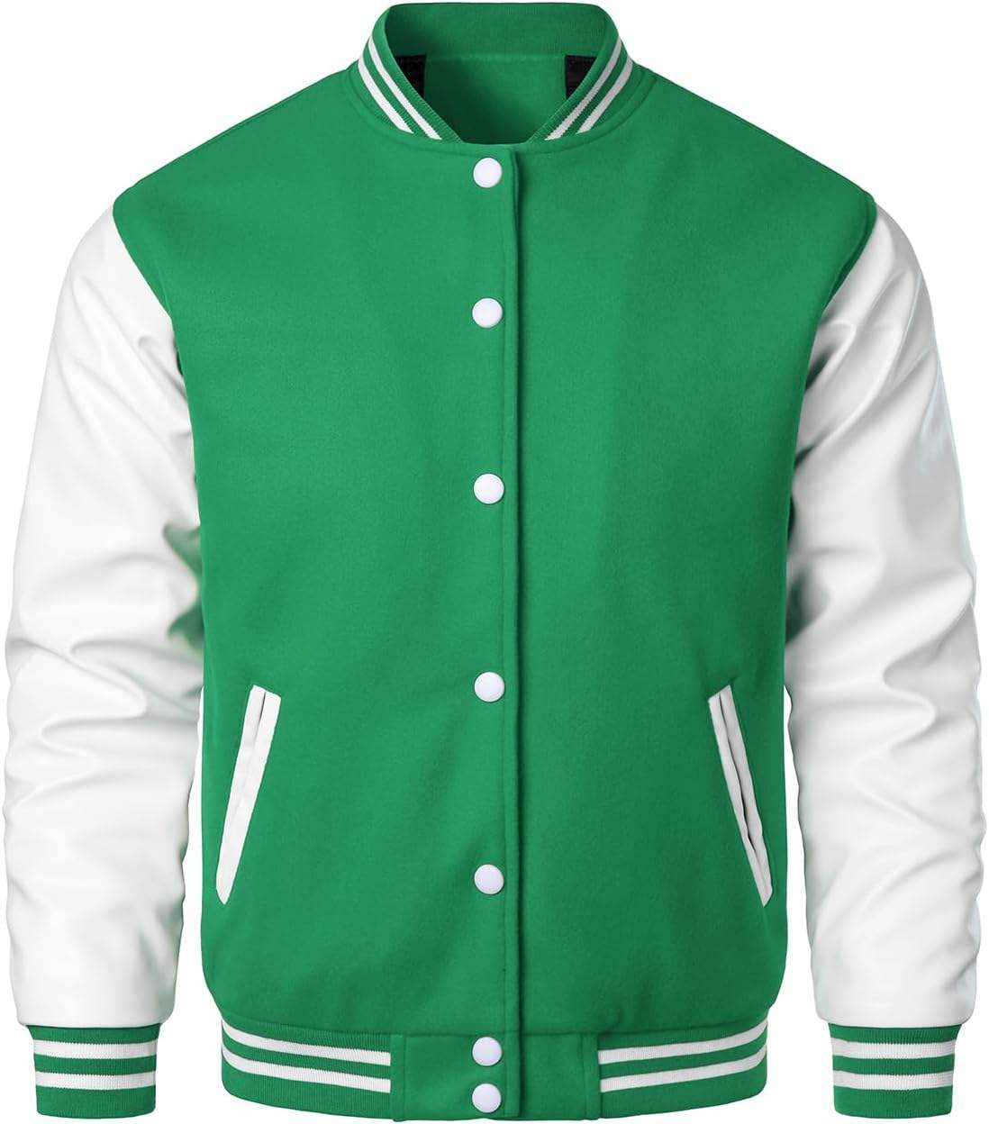 Green White Mens Varsity Jackets Faux Leather Sleeve Letterman Boys  College Baseball Jacket