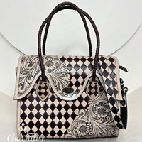 Sac bandoulière vintage en cuir véritable pour femme, style western, motif à carreaux, prêt pour la plage, sac fourre-tout à poignée tressée