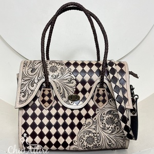 Western Style Handbag Women Hand <b>Tooled</b> <b>Leather</b> Crossbody Satchel Bag Checkerboard Design Shoulder Tote Bags with Braided Handle - Product Image 1