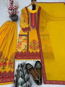 ผ้าหนาพิมพ์ลายดิจิทัลสีเหลืองหรูหราสำหรับผู้หญิงปากีสถานอินเดีย - Product Image 3
