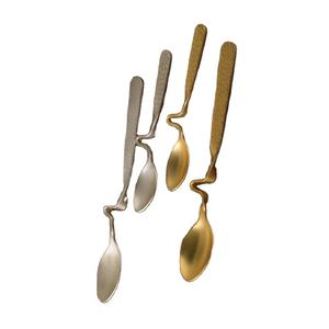 Juego de tenedores y cucharas de acero inoxidable, acabado dorado y plateado mate, pulido, grueso, martillado, de mango largo, estilo sencillo, para ensalada y sopa - Product Image 1