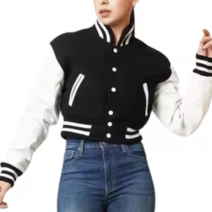 Chaqueta universitaria recortada de moda de nuevo estilo, chaqueta informal de béisbol ajustada de algodón con cuello vuelto para mujer - Product Image 3