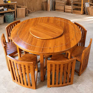 Industrial Modern Solid Wood Dining <b>Table</b> <b>and</b> <b>Chair</b> Set Round Extendable 8 Seater Pre-assembled Dining Room Furniture 6 Piece - Product Image 4