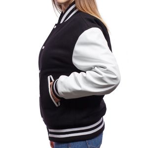 Women's XL Winter Varsity Jacket Customizable Black Woolen Body Bright White Leather Embroidered Chenille Sleeves Collarless - Product Image 3