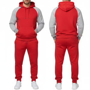 Chándal clásico rojo y gris claro para hombre |   Sudadera con capucha de manga raglán en contraste y pantalones rojos lisos a juego - Product Image 3