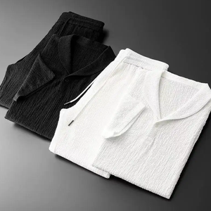 Costumes d'été pour hommes 2 pièces Tops à manches courtes + pantalons longs Couleur unie Polo Col à revers Bouton Taille élastique Pantalon Tracksuit - Product Image 3