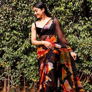 Indiano Bollywood Designer pesante Georgette Saree festa etnica abito da sposa Sari stampa digitale blusa esclusiva donna ragazza - Product Image 1