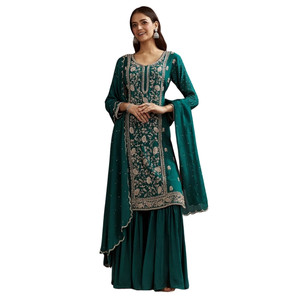 Vente en gros de sequins cutdana vert sarcelle Kurta Sharara avec Dupatta pour la fête de mariage réception festive et commandes ethniques personnalisées - Product Image 1