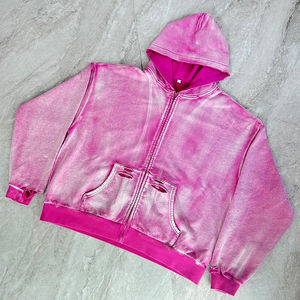 Sweat-shirts à capuche pour hommes, style vintage, délavé à l'acide, coupe ample, coton délavé, de haute qualité, fermeture éclair, vêtements lourds - Product Image 2