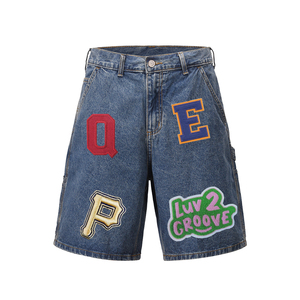 Custom Logo Cotton Workout <b>Knee</b> <b>Length</b> Belted Jean <b>Shorts</b> Loose Fit Applique Stitched Denim <b>Shorts</b> - Product Image 1