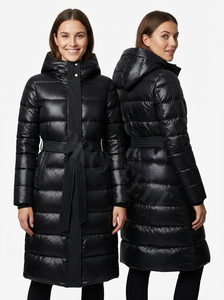 เสื้อโค้ทกันหนาวแบบยาวมีฮู้ด แต่งเข็มขัดรัดเอว บุหนา อุ่นสบาย ผลิตตามแบบ OEM ODM สำหรับเสื้อผ้าแฟชั่น - Product Image 2