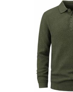 Suéter Polo de Punto Waffle para Hombre, Manga Larga, Cuello con Botones, Informal, para Invierno, Color Verde Oliva, para Venta al por Mayor y Suministro a Granel - Product Image 3