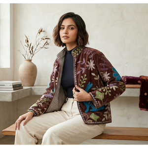 Blazer pour femme en velours et coton brodé à la main, motif floral lapin, col mandarin, manches longues, écologique, collection automne - Product Image 2