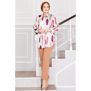 Túnica Estampada de Satén Borgoña para Mujer, Talla XL, Material de Lino y Viscosa, Estilo Casual, Top Corto, Estampado Tejido para Primavera Verano - Product Image 1
