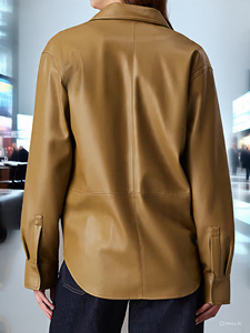 Women's Genuine Sheep <b>Leather</b> <b>Shirts</b> Button Closure Outerwear with Double Pockets Vintage Streetwear Letterman Design for Winter - Product Image 2