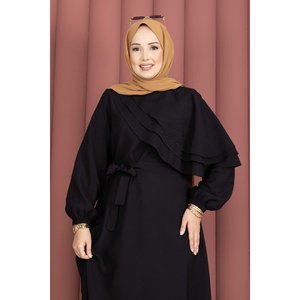 Robe de soirée noire coupe trapèze avec cape et ceinture, style modeste, coupe confortable, ornée de sequins et de perles, taille XL, longueur ras du sol - Product Image 2