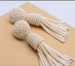 Pearl Earrings Tassel Drop Bead Embellished Long Tassel Earrings with Sterling <b>SILVER</b> <b>Stud</b> or CLIP Length Wedding Bridesmaid - Product Image 1