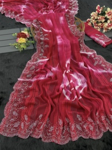 Nouveau 2024 dernière tenue de créateur qualité lourde Oriyo blouse sari imprimé en apesanteur avec gros diamants Swarovski travail à vendre - Product Image 4