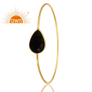 Natural Black Onyx Bangle Wholesale Girls Fashion 18k Yellow Gold Plated Silver 925 Bangle Jewelry Classic Collection - Product Image 3