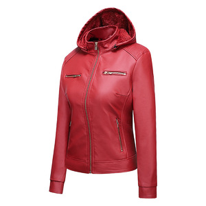 Chaquetas de cuero Pu con bolsillos personalizados para motocicleta a prueba de viento de alta calidad, chaqueta con cremallera para mujer, chaquetas de cuero con capucha para mujer - Product Image 3